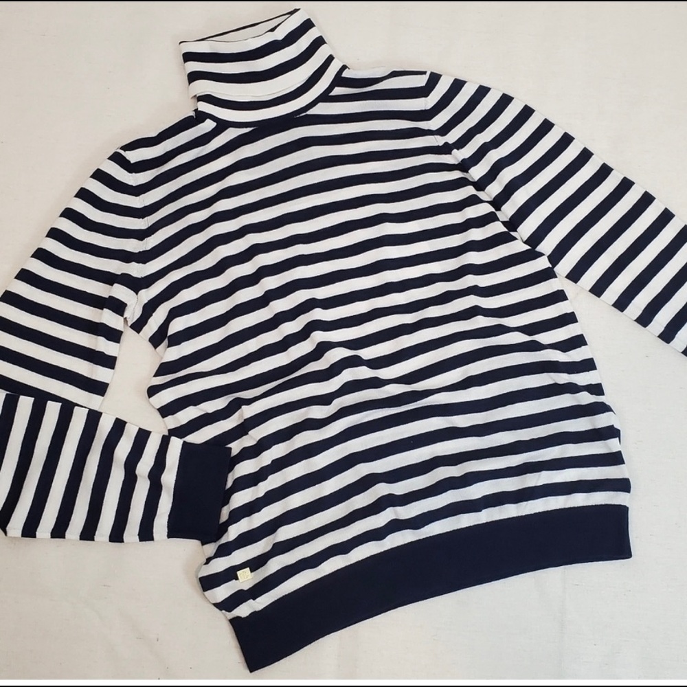 Lauren Ralph Lauren silk blend sweater in navy and white Breton stripes.